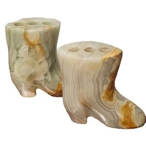 Set Of 2 VTG Natural Marble Onyx Stone Desk Accessory•Holder•Paperweight Boots